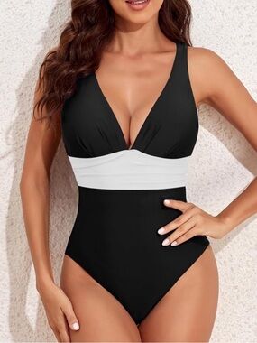 SELINK Women's Sexy V Neck One Piece Swimsuit Backless Ruched High Cut NWOT S